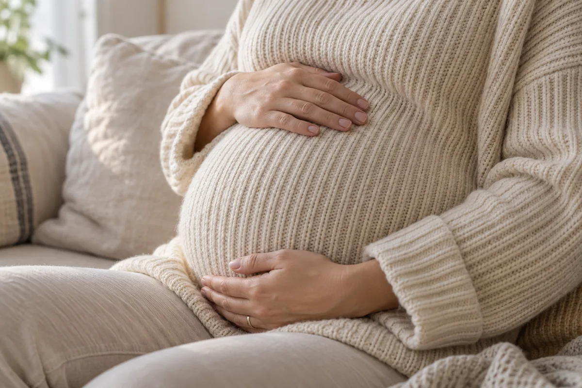Mains d&rsquo;une femme enceinte posées sur son ventre arrondi sous un pull en maille écrue