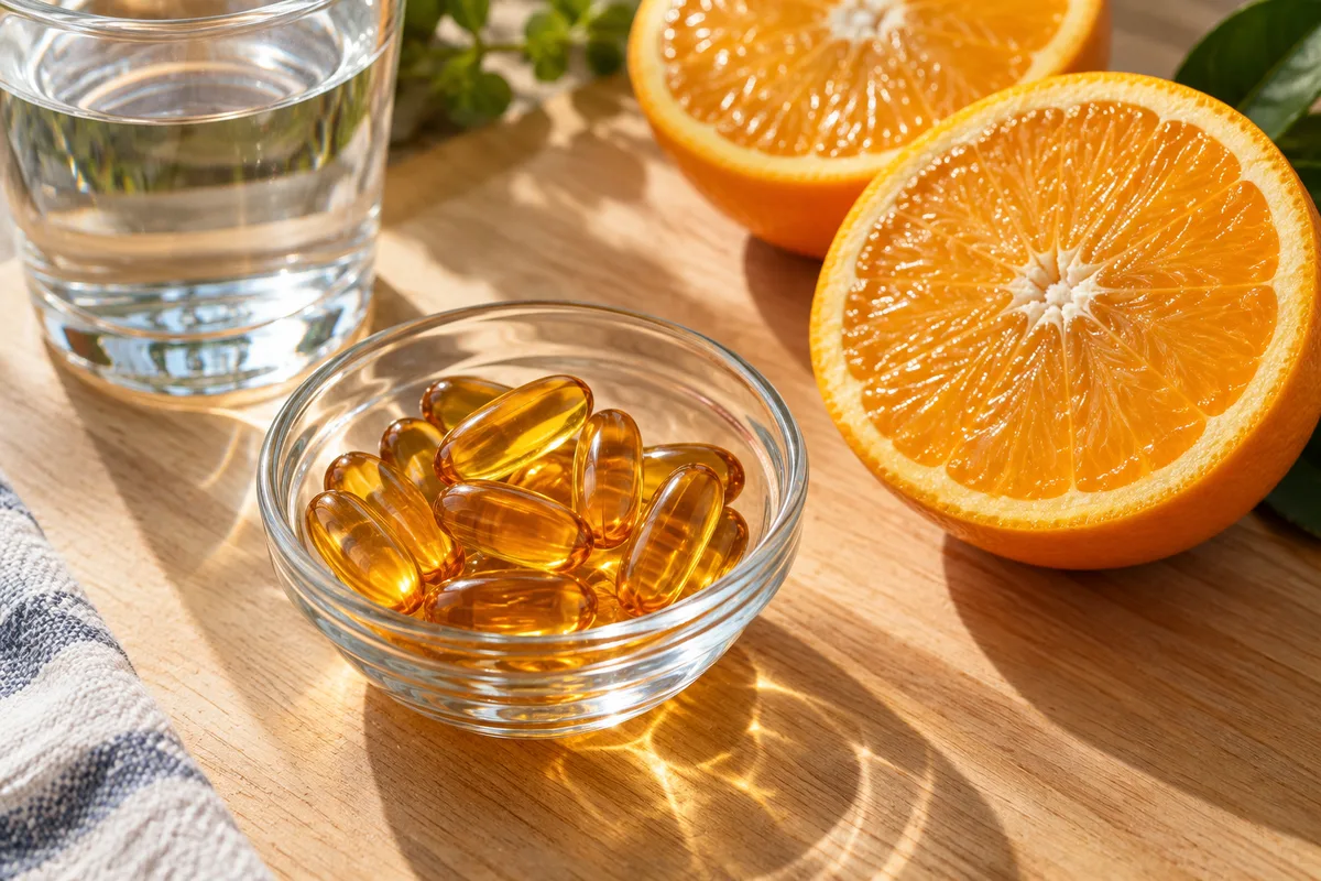 Gélules ocre translucides dans une coupelle en verre à côté d&rsquo;un verre d&rsquo;eau et d&rsquo;une orange coupée