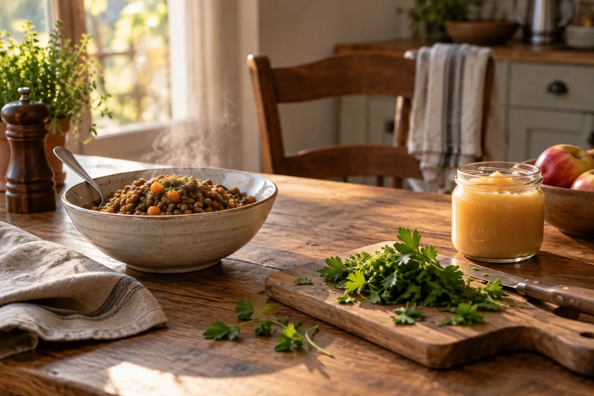 Table de cuisine avec un bol de lentilles, une planche de bois portant des herbes fraîches et un petit pot de compote