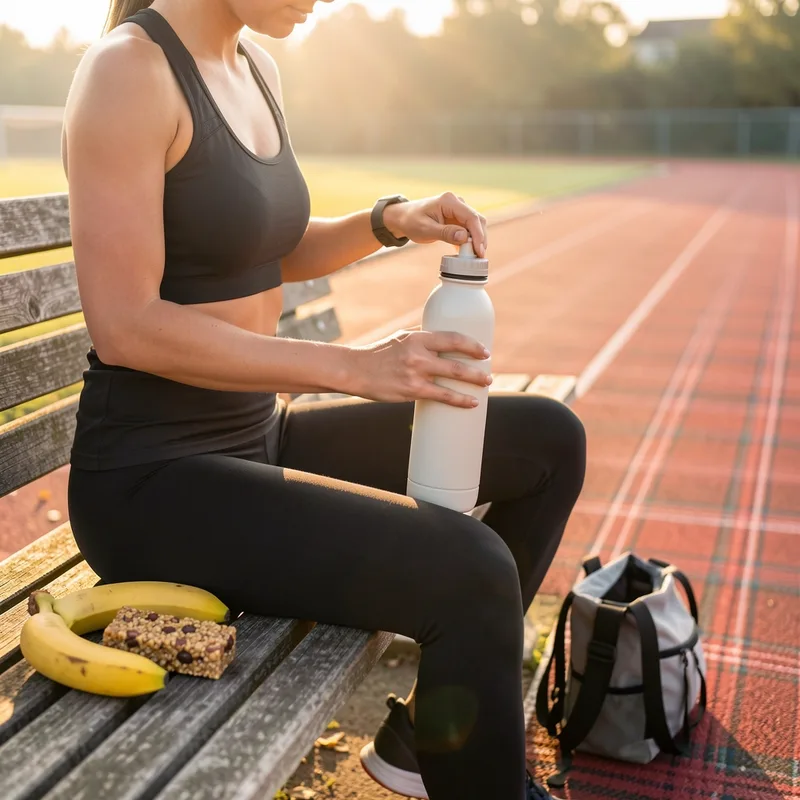 Coureuse remplissant sa gourde et préparant sa collation sur un banc au bord d une piste d athlétisme