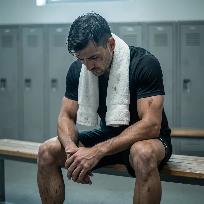 Athlète assise sur un banc de vestiaire, épaules basses, signes de fatigue après un entraînement
