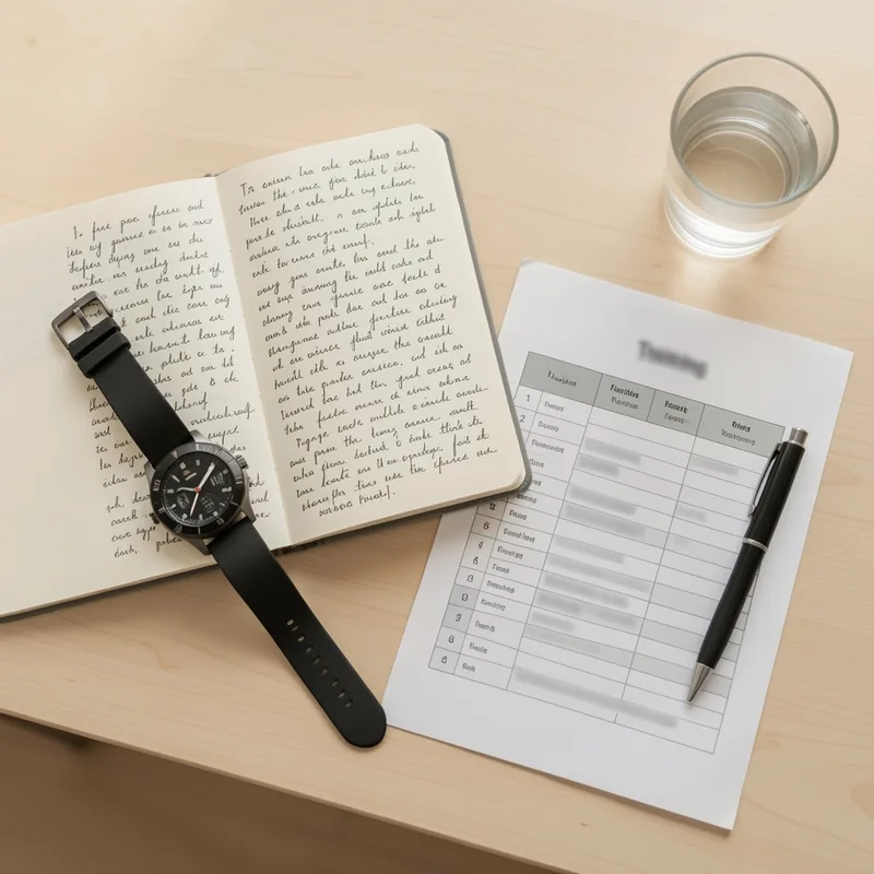 Carnet alimentaire manuscrit, montre de sport et fiche de programme d entraînement posés sur une table de cabinet
