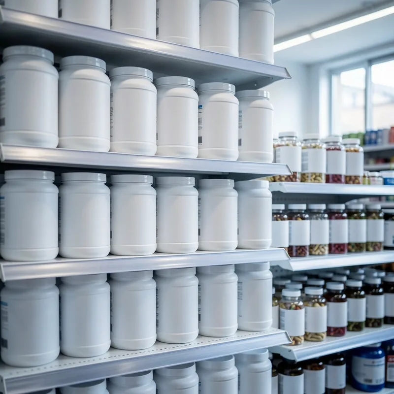 Rayon de compléments alimentaires sportifs en poudre et en gélules, pots alignés sans étiquette lisible