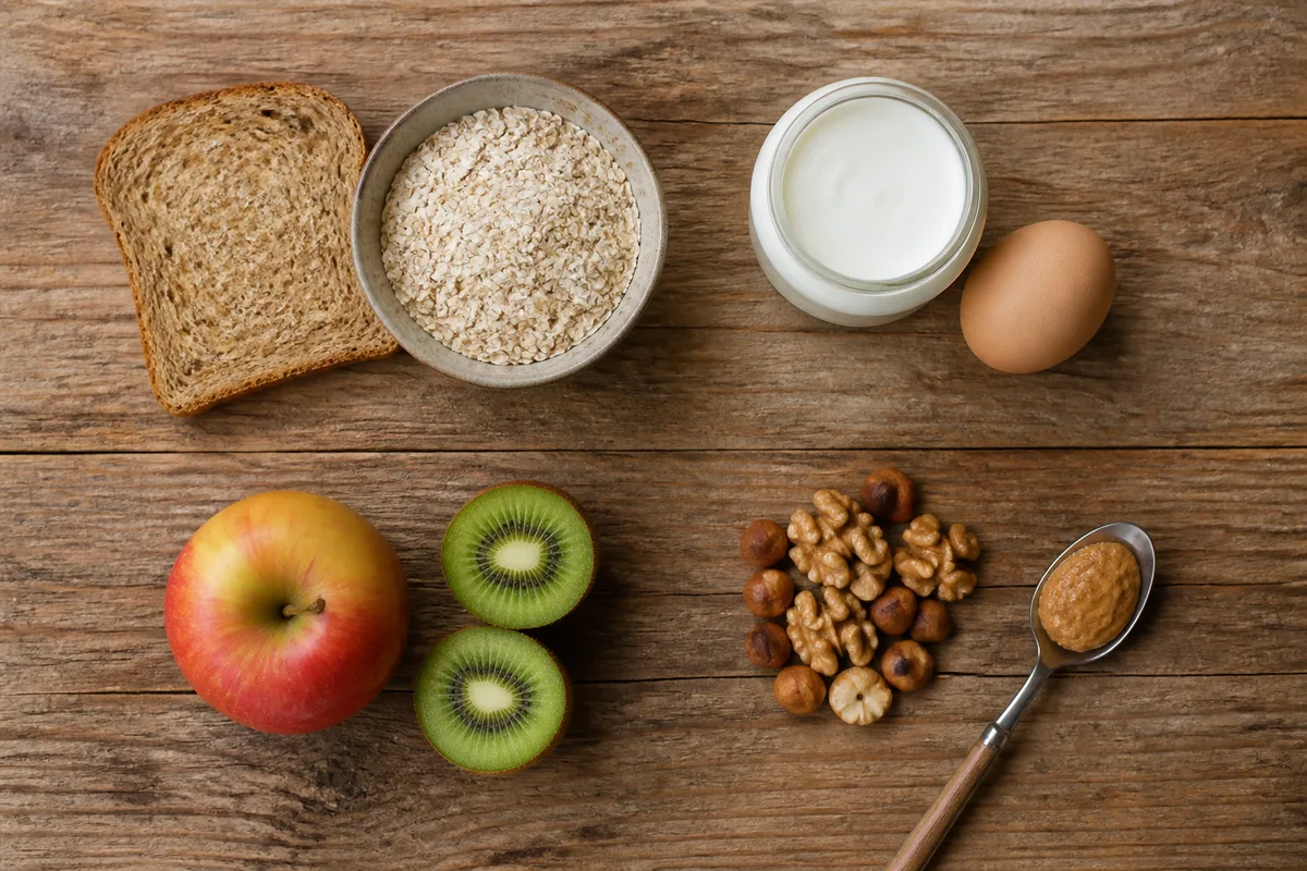 Table de petit déjeuner en lumière naturelle avec pain complet, yaourt nature, fruits entiers et poignée de noix