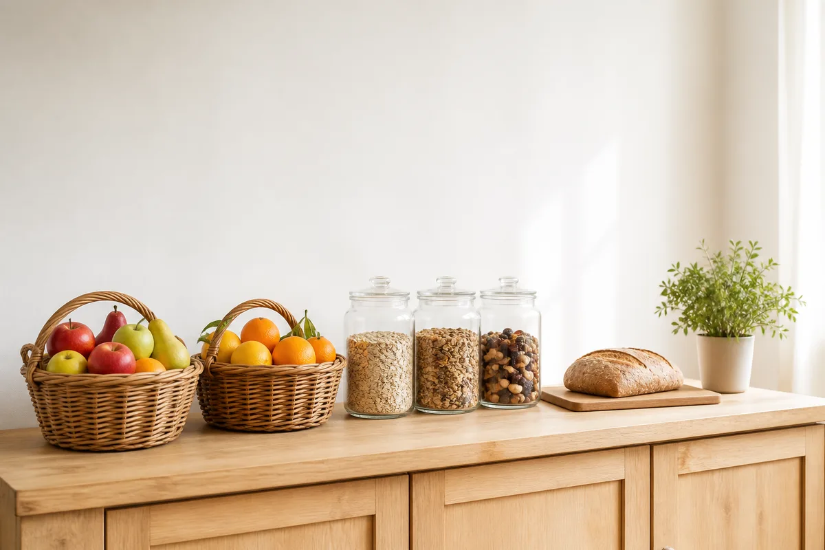 Cuisine lumineuse avec paniers de fruits frais, bocaux de flocons de céréales et pain complet posés sur un buffet en bois
