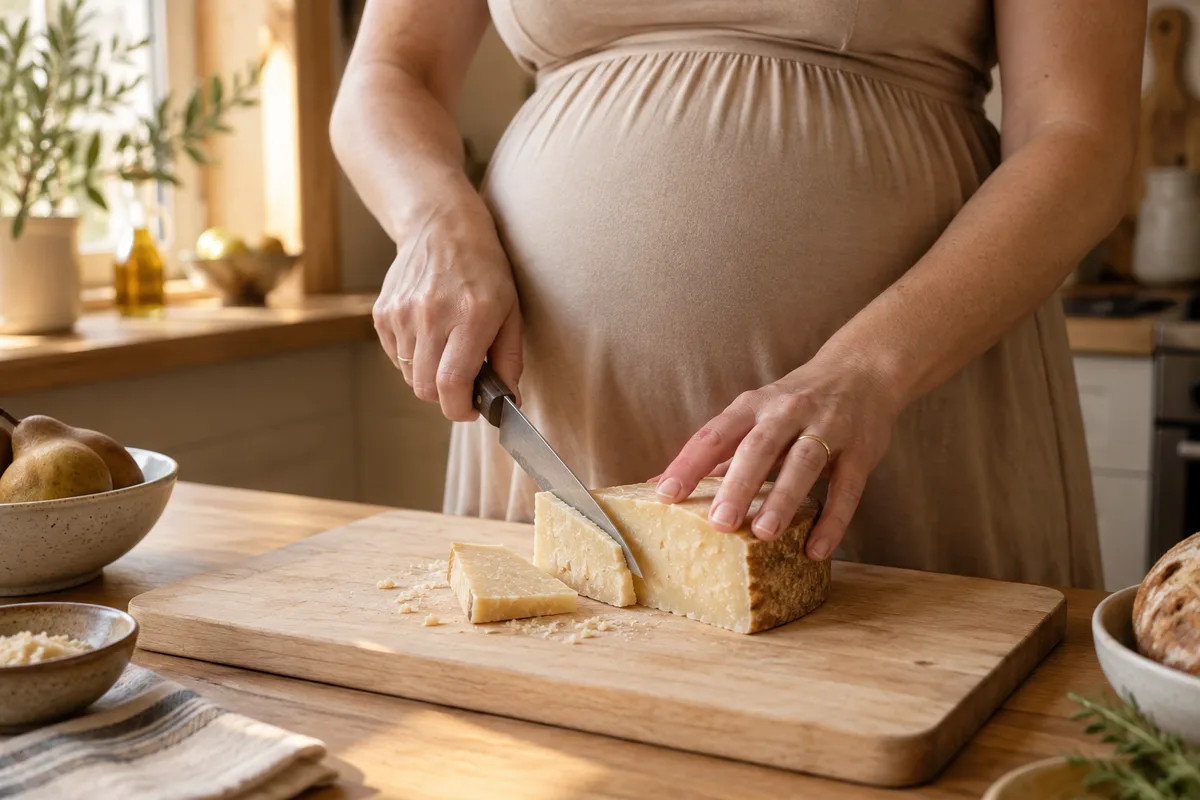 Mains d’une femme enceinte coupant une part de fromage à pâte dure sur une planche en bois