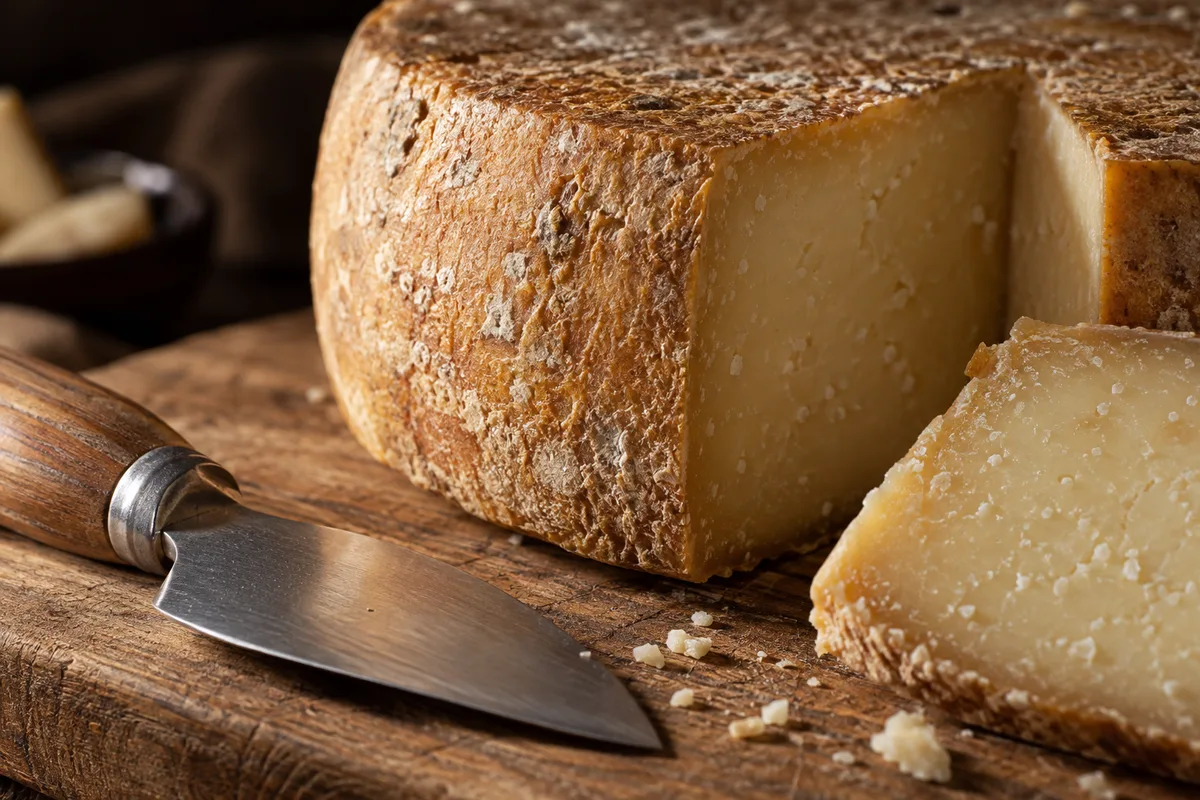 Croûte d’un fromage à pâte pressée cuite et couteau à fromage posés sur une planche