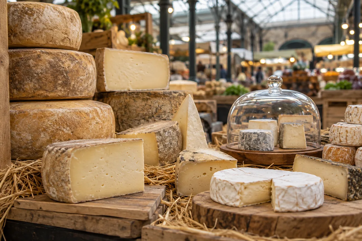 Étal de fromages avec des meules entières et une cloche en verre sur un marché couvert