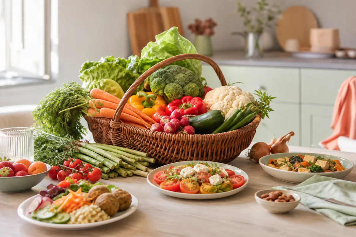 Panier de fruits et légumes frais posé sur une table de cuisine claire