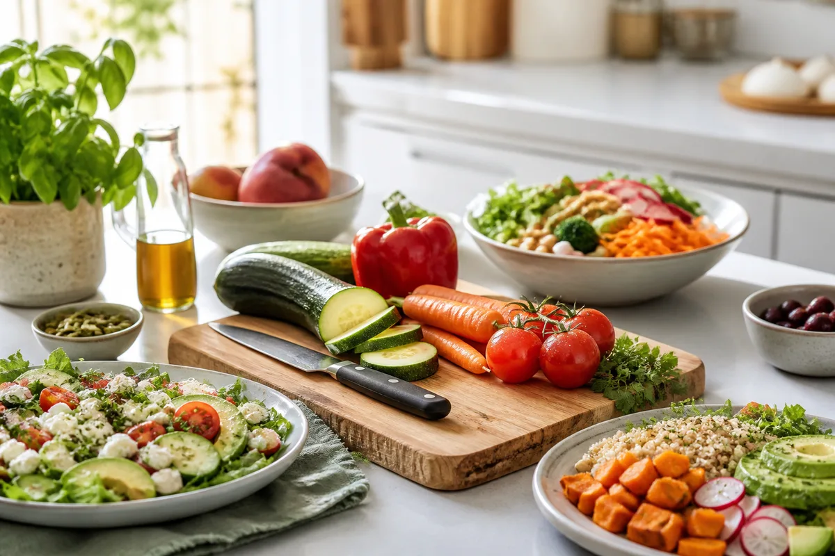 Planche à découper avec légumes lavés et couteau dans une cuisine soignée