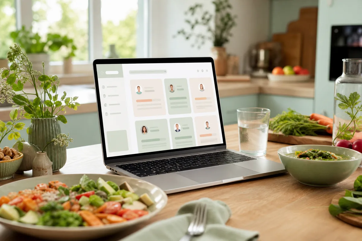 Ordinateur portable affichant un annuaire de professionnels de santé sur une table