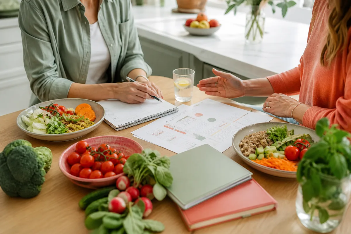 Consultation autour d une table avec des documents de suivi alimentaire
