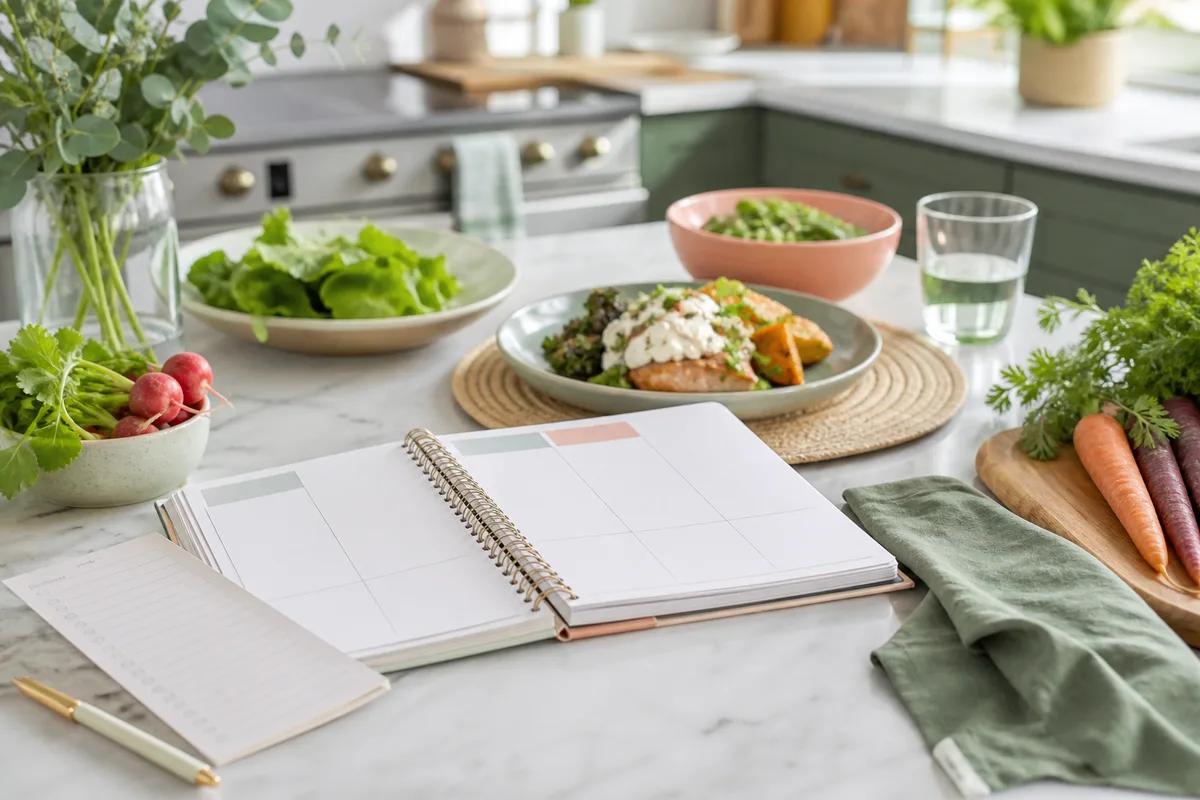 Cahier de menus hebdomadaires et liste de courses posés sur un plan de travail de cuisine