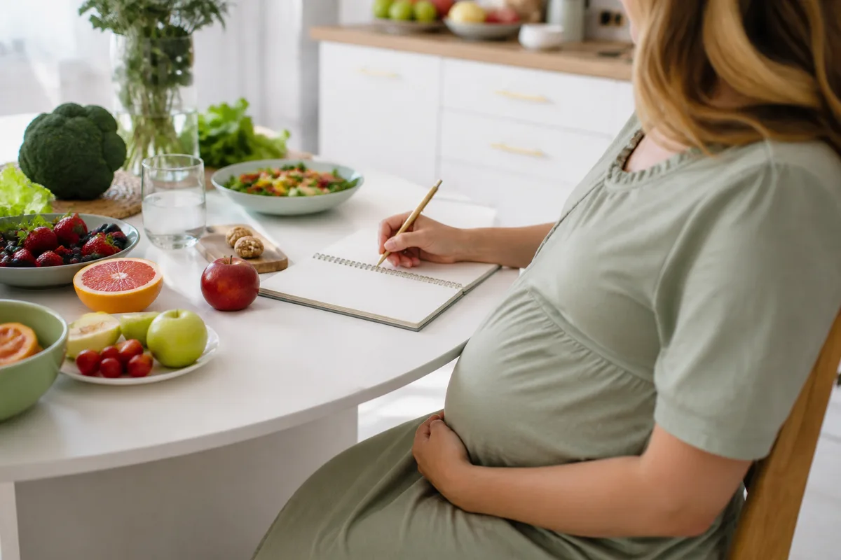 Femme enceinte assise devant une table avec des fruits frais et un carnet de suivi
