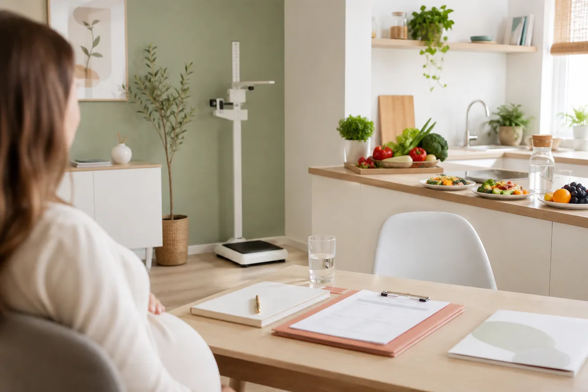 Consultation dans un cabinet lumineux avec une balance professionnelle et des documents de suivi