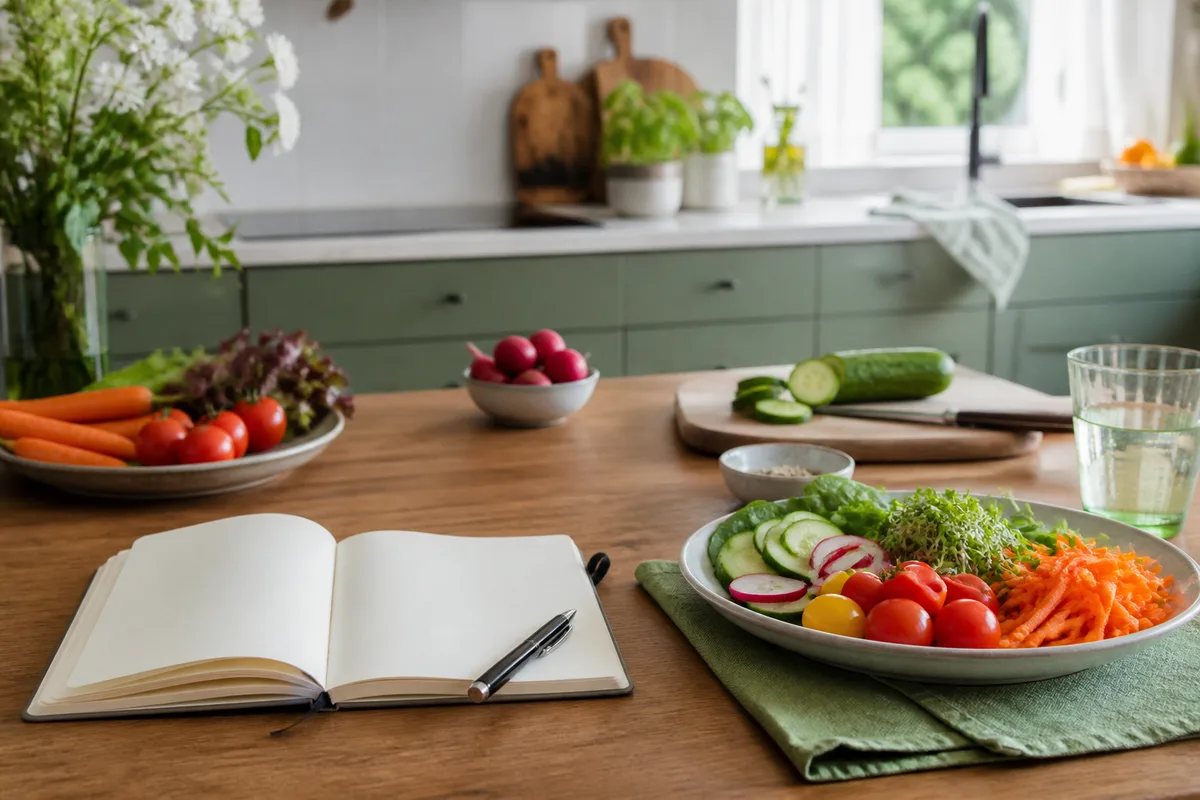 Carnet ouvert et stylo posés près d une assiette de légumes frais sur une table en bois