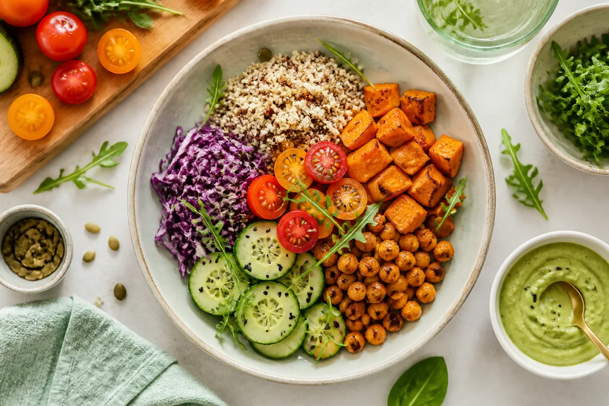Assiette composée de légumes colorés de céréales complètes et de légumes secs vue de dessus